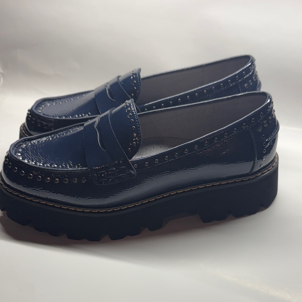 Patent Leather Massy Lug Sole Penny Loafers-Navy Blue - Picture 7 of 8